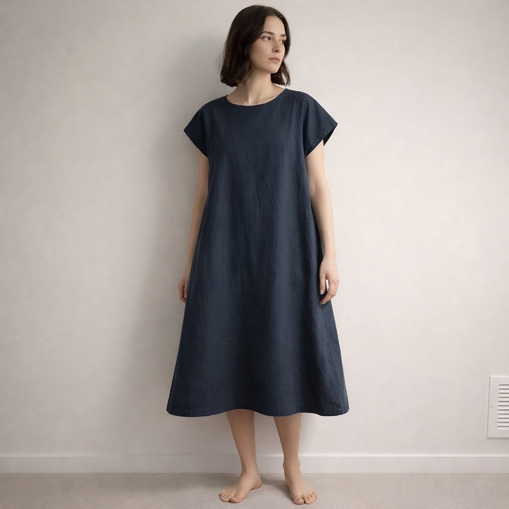 Ricorrrobe Midi Dress Women Xs Navy Blue Herringbone Cotton Lagenlook Handmade